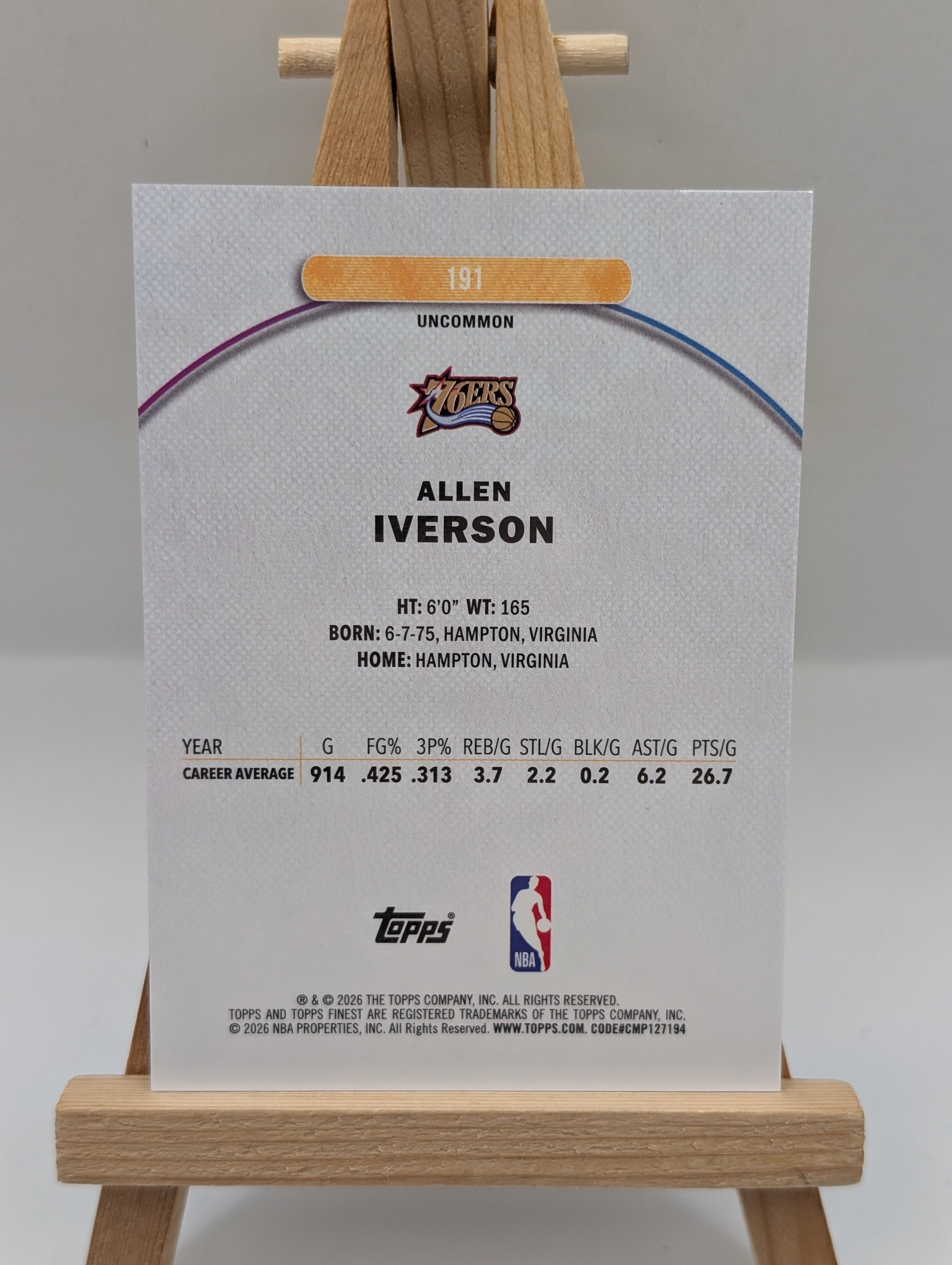2025-26 Topps Finest Allen Iverson #191 Uncommon Gold Refractor /25 FRENLY BRICKS - Open 7 Days